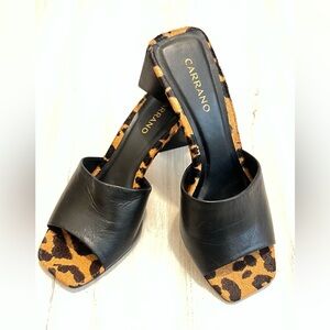 Carrano Black Leather & Leopard Print Slide Sandals